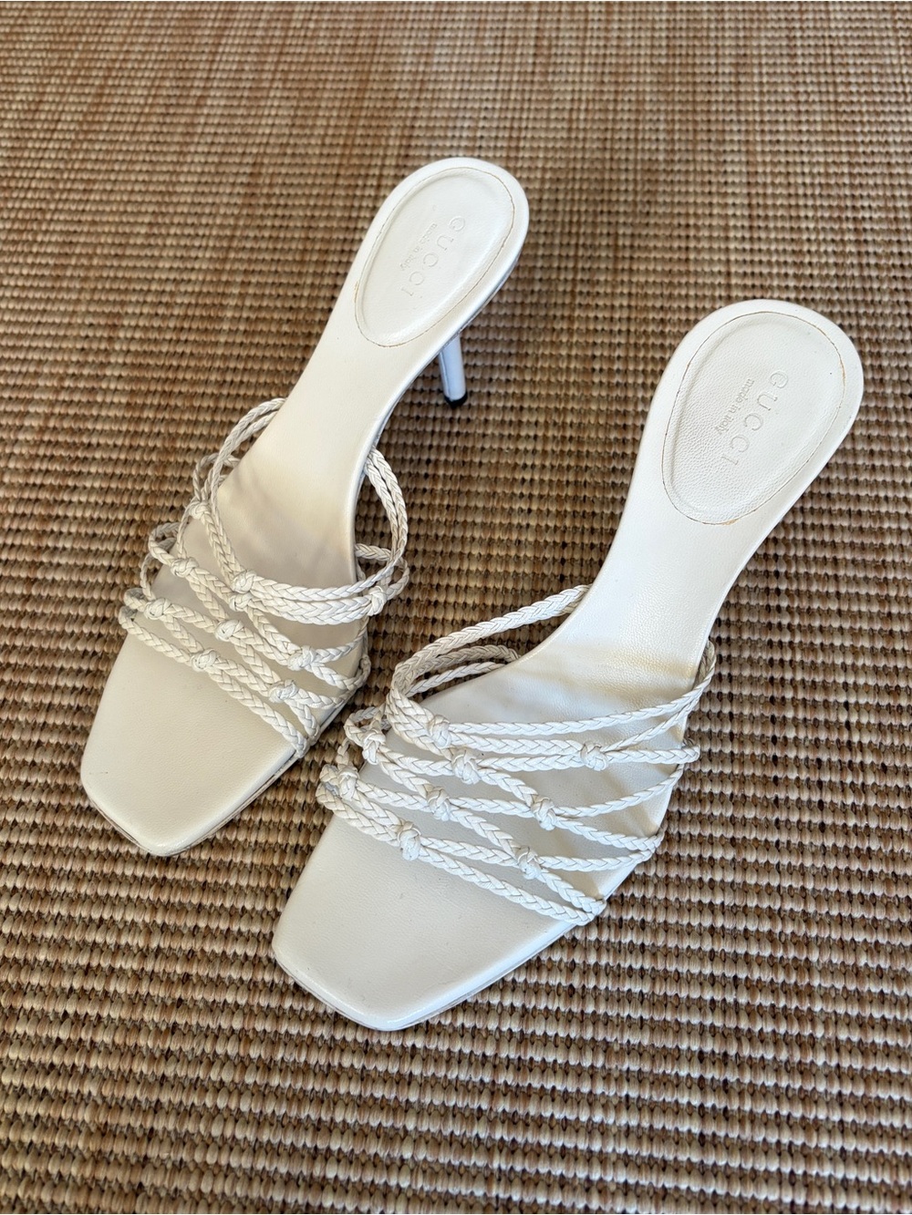 Gucci Braided Knot Strappy Open Toe Mules Kitten Heals Cream White